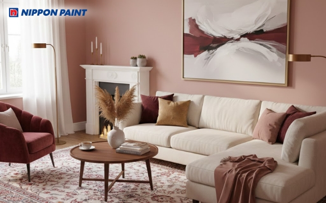 Phòng khách sắc đỏ nhạt ấm áp, lan tỏa năng lượng tích cực