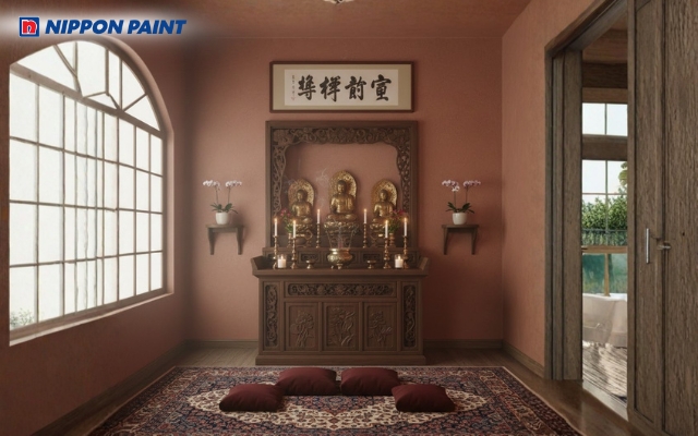 Sắc đỏ nâu cổ điển, giữ trọn nét linh thiêng cho không gian thờ cúng