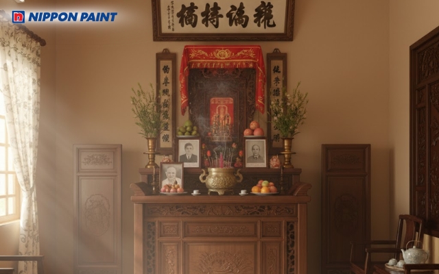 Không gian phòng thờ màu gỗ, kết nối giá trị tâm linh và phong thủy
