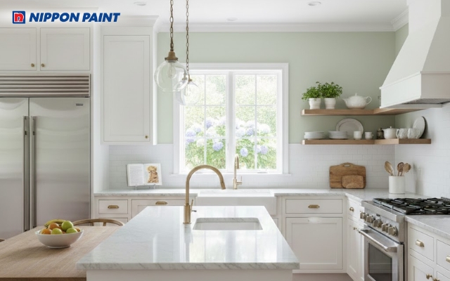Sắc xanh lá nhẹ tươi mát, cân bằng giúp căn bếp hài hòa