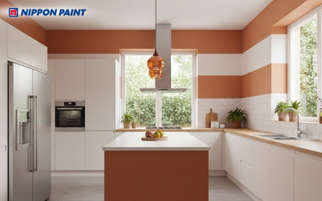 Tông cam trắng dịu nhẹ cho phòng bếp ấm áp và đầy sinh khí