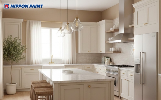 Phòng bếp tông be tự nhiên, tạo cảm giác ấm cúng và bền bỉ