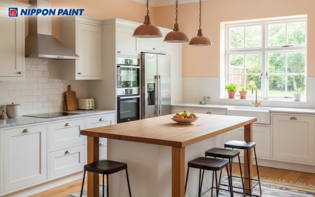 Phòng bếp cam nhạt ấm cúng, giữ lửa cho không gian gia đình