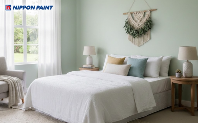 Xanh lá pastel nhẹ nhàng, giúp phòng ngủ gần gũi thiên nhiên