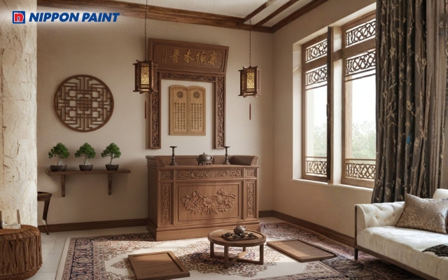 Phòng thờ màu be phối nâu gỗ trầm ấm, tôn vinh sự trang nghiêm và bền vững