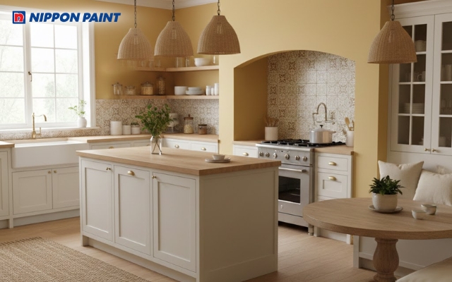 Phòng bếp tông vàng ấm nhẹ nhàng, tạo cảm giác gần gũi và dễ chịu