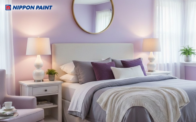 Gam tím nhạt nhẹ nhàng, mang lại không gian ngủ thư giãn và hài hòa