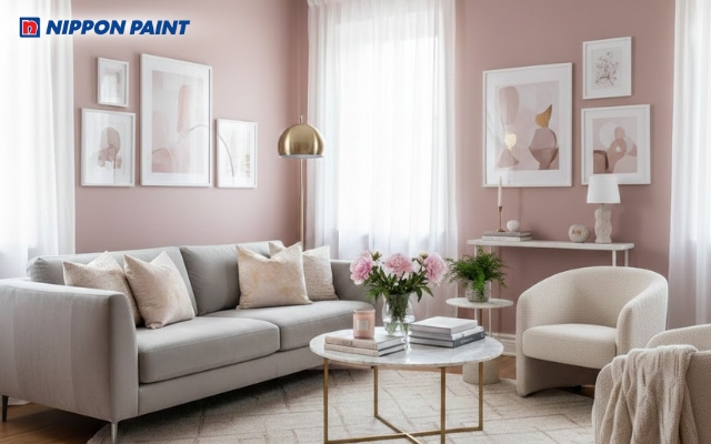 Phòng khách sắc hồng phấn tinh tế, dịu mắt và thư giãn
