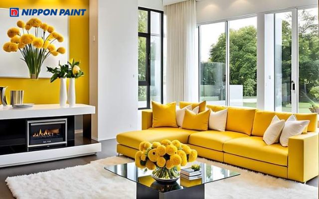 Phòng khách trắng vàng ấm cúng và sang trọng