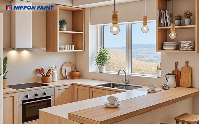 Gam màu trắng sữa giúp bếp thoáng đãng, sạch sẽ