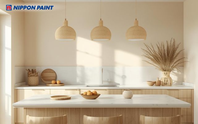 Không gian bếp tông be sáng, ấm áp và gần gũi