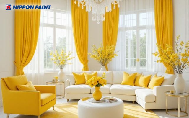 Sắc trắng vàng giúp phòng khách luôn có nắng