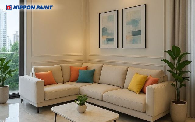 Phòng khách trắng ngà sáng dịu tự nhiên