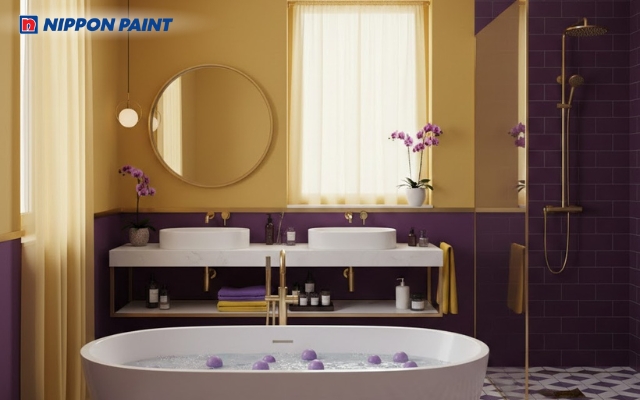 Gam màu vàng kết hợp màu tím giúp phòng tắm nhẹ nhàng