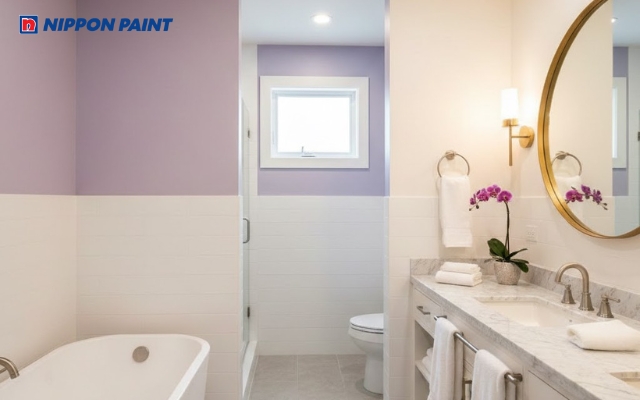 Sơn nhà vệ sinh trắng ấm phối tím nhạt tạo cảm giác gọn gàng