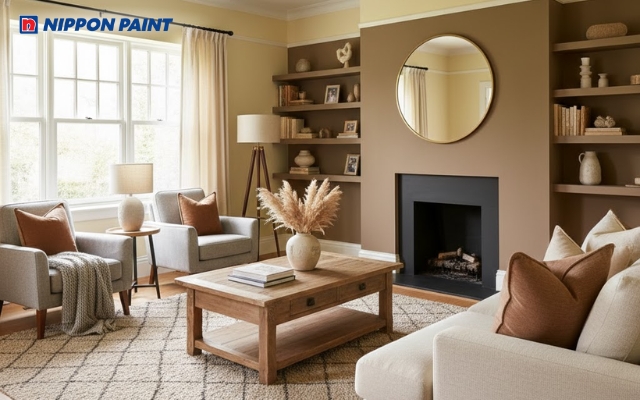 Gam vàng nhạt kết hợp nâu cà phê giúp phòng khách trông hiện đại, tinh tế