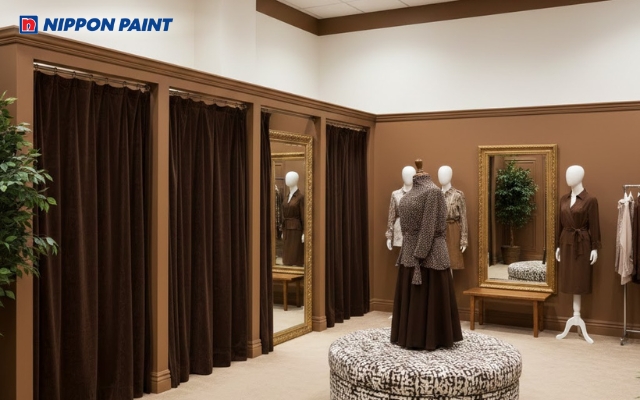 Sơn phòng thay đồ trắng ấm kết hợp nâu tạo cảm giác sạch và sáng