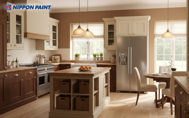 Phòng bếp màu be sáng phối nâu gỗ mang lại sự sạch sẽ và cảm giác gần gũi