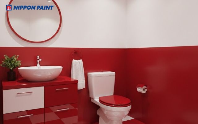 Gam trắng ấm kết hợp đỏ trung tính giúp không gian nhà vệ sinh thêm tinh tế