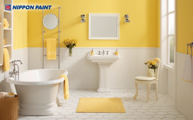 Phòng tắm vàng nhạt phối trắng sữa mang nét ấm và sạch