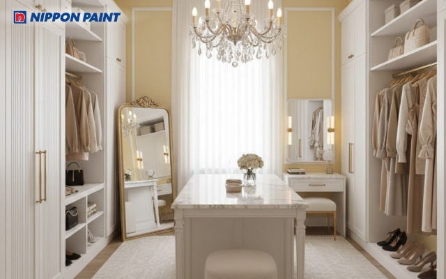 Phòng thay đồ sơn vàng nhạt kết hợp be sáng tạo cảm giác gọn gàng