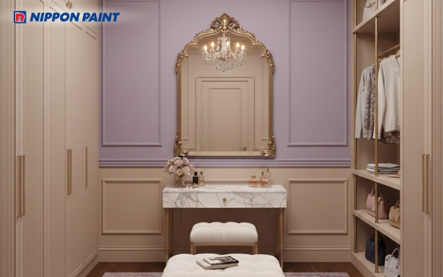 Gam tím nhạt phối vàng kem mang đến cảm giác sang và yên tĩnh cho phòng thay đồ