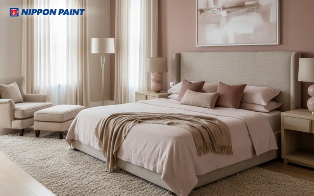 Màu hồng nude phối be trung tính giúp phòng ngủ hài hòa phong thủy