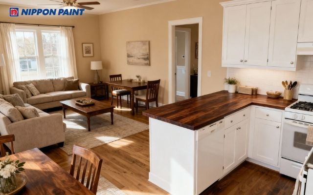 Tường bếp màu be, tủ bếp trắng kết hợp mặt bàn màu nâu gỗ, tạo sự hài hoà, ấm áp