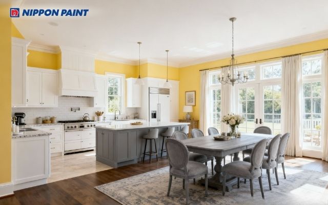 Tường bếp vàng mơ nhạt phối nội thất trắng xám, chuẩn phong thủy