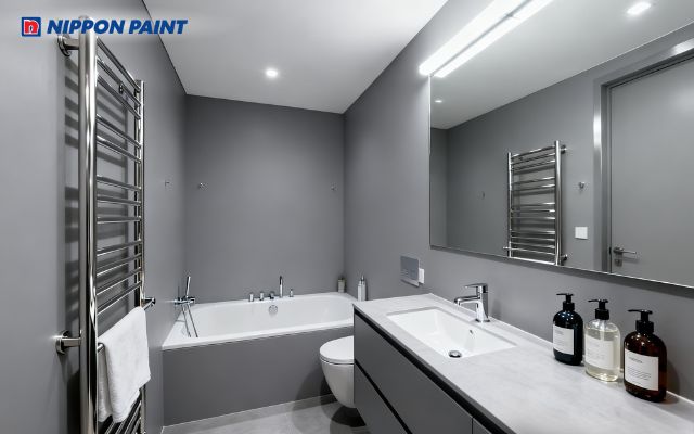 Gam xám ánh bạc cho tường kết hợp phụ kiện inox, phù hợp với người mệnh Kim