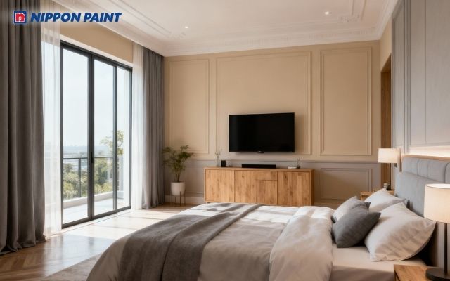 Phòng ngủ màu be ấm hài hòa tuyệt đối, thích hợp cho giấc ngủ ngon