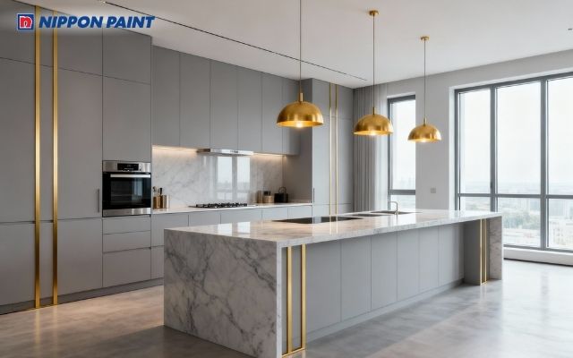 Bếp xám nhạt điểm nhấn vàng kim, thanh lịch và hợp phong thủy