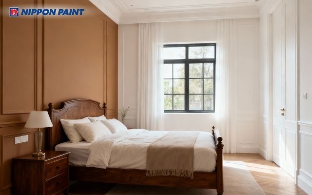 Trắng kem phối nâu đất nhạt, tạo chiều sâu ấm cúng cho phòng ngủ