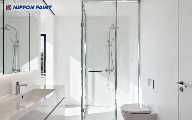 Phòng tắm sơn màu trắng sữa, giúp tận dụng tối đa ánh sáng và không gian