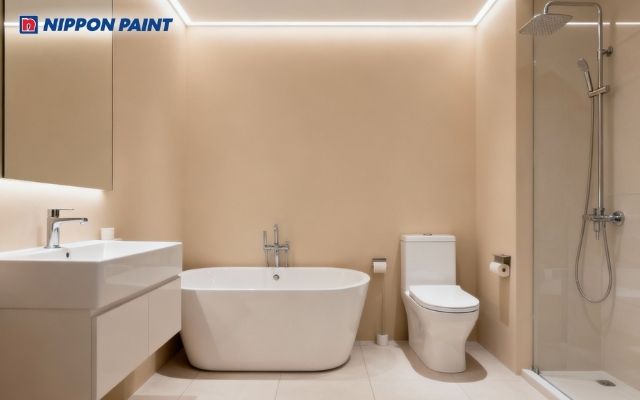 Tường be nhạt phối thiết bị trắng, hài hòa cho phòng tắm người mệnh Kim