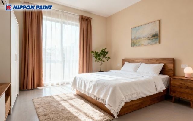 Gam be nude toàn phòng với rèm nâu nhạt mang lại bình yên