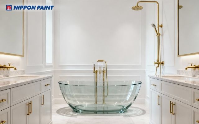 Phòng tắm màu trắng ngà với phụ kiện màu vàng đồng, tạo điểm nhấn và hợp phong thuỷ