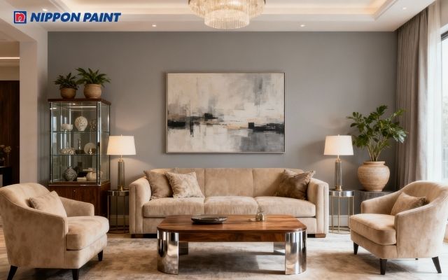 Tường xám chuột mang vẻ hiện đại, sang trọng cho phòng khách gia chủ Nhâm Thân 1992