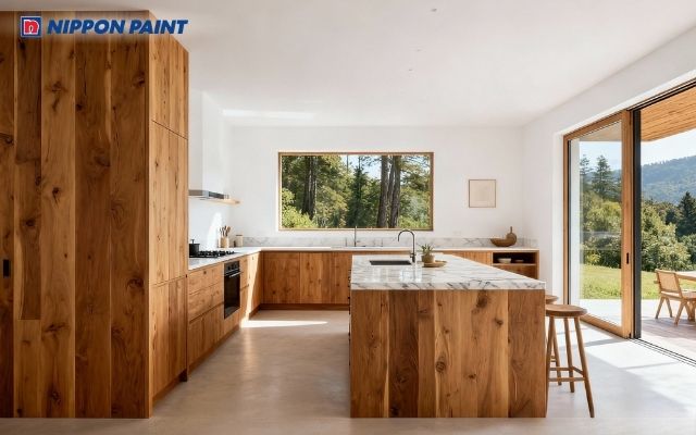 Bếp nâu gỗ tự nhiên phối trắng, ấm cúng gần gũi thiên nhiên