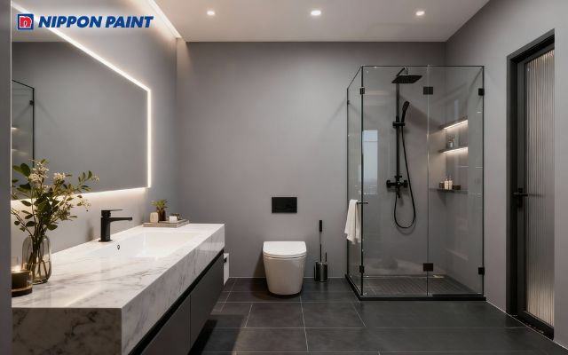 Tường phòng tắm được sơn màu xám lông chuột, thể hiện sự sang trọng, cao cấp