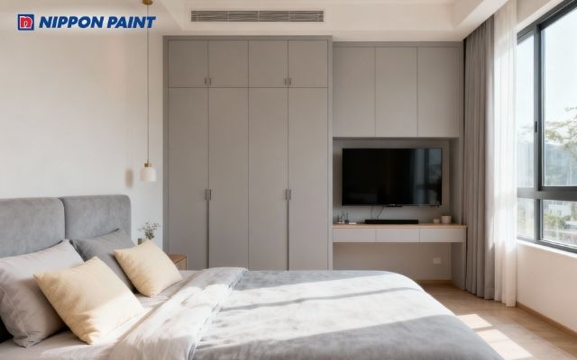 Phòng ngủ xám nhạt phối gối vàng kem, cân bằng năng lượng Kim