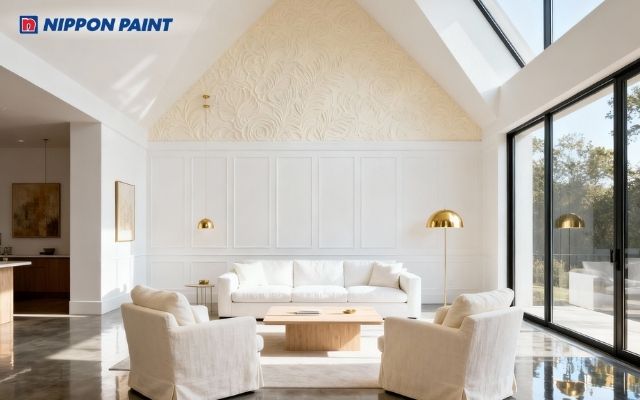 Phòng khách trắng sứ phối tường nhấn vàng kem, thu hút tài lộc vào nhà