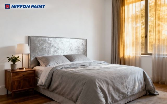 Phòng ngủ màu trắng, giường màu xám bạc, tạo điểm nhấn mà không gây rối mắt