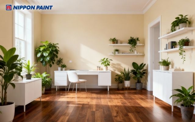 Phối màu kem cho tường, sàn gỗ màu nâu, tạo không gian làm việc thư giãn, sáng tạo