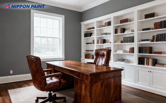 Phòng làm việc xám ghi chuyên nghiệp, tăng tập trung cho gia chủ mệnh Kim