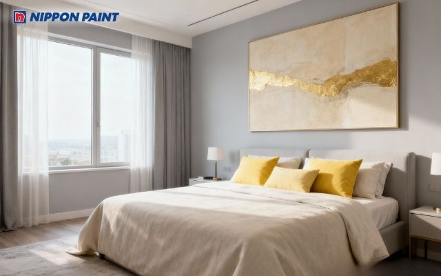 Phòng ngủ màu xám ghi nhẹ, điểm nhấn tranh treo tường tone vàng be tạo sự hài hòa