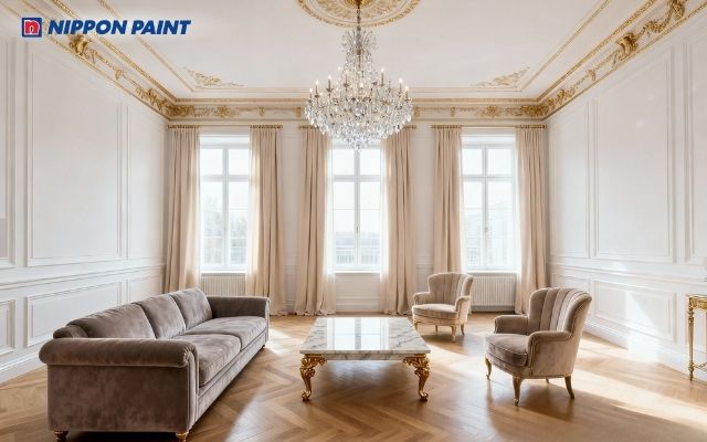 Phòng khách được phối màu trắng sữa với chỉ màu vàng ánh kim, mang phong cách tân cổ điển