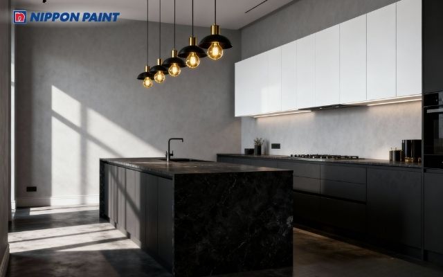 Bếp sơn màu xám nhạt hiện đại, dễ vệ sinh