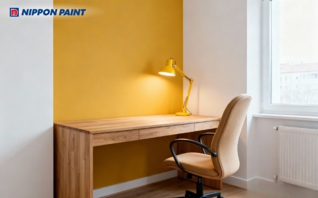 Không gian kết hợp giữa trắng sứ và vàng đất, giúp gia chủ tập trung làm việc