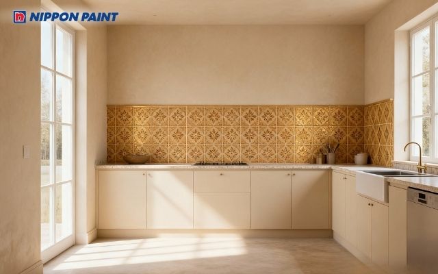 Phòng bếp phong cách cổ điển với màu be sáng, kết hợp gạch ốp hoa văn